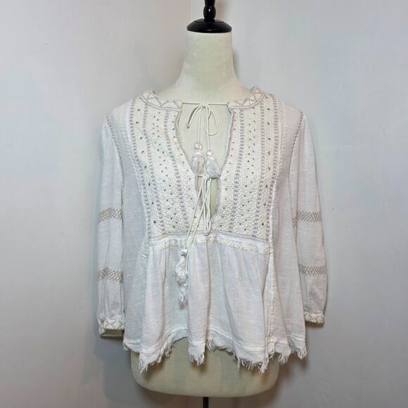 Free People The Wild Life Embroidered Top Medium Ivory Boho Chic Neutral - Picture 2 of 9